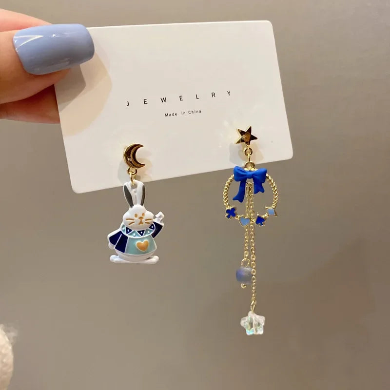 Cartoon Sweet Blue Bow Long Tassel Moon Star Earrings Cute Asymmetric Blue  Alice In Wonderland Little Rabbit Dangle Earrings