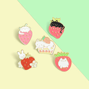 Sweet Strawberry Garden Enamel Pins Custom Cat Bunny Fruit Cake Brooches Shirt Lapel Pin Badge Bag Cartoon Jewelry Gift for Kids