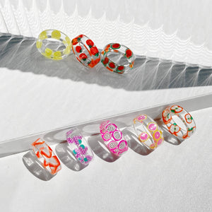 2024 Korea Colorful Fashion Resin Fruit Ring Set Metal Geometric Irregular Open Rings for Women Party Wedding Jewelry Ring Set