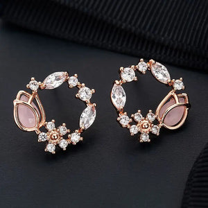 Korean Moon Pearl Zircon Stud Earrings For Women Elegant Crystal Flower Cherry Blossoms Earring Anniversary Wedding Jewelry