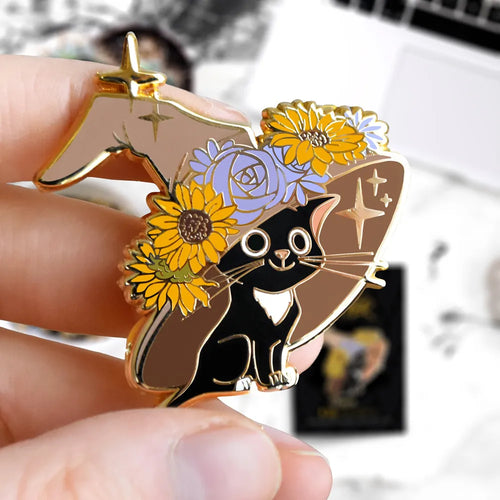 Cute Black Cat Branch Cap Hard Enamel Pin Fashion Cartoon Plant Flowers Hat Brooch Funny Cats Badge Accessory Unique Gift