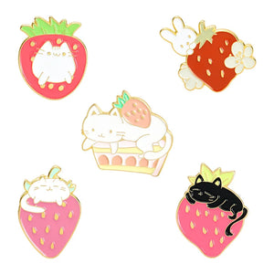 Cartoon Cat Bunny Fruit Cake Brooches Sweet Strawberry Garden Enamel Pins Bag Lapel Badge Cute Jewelry Gift for Kids Friends