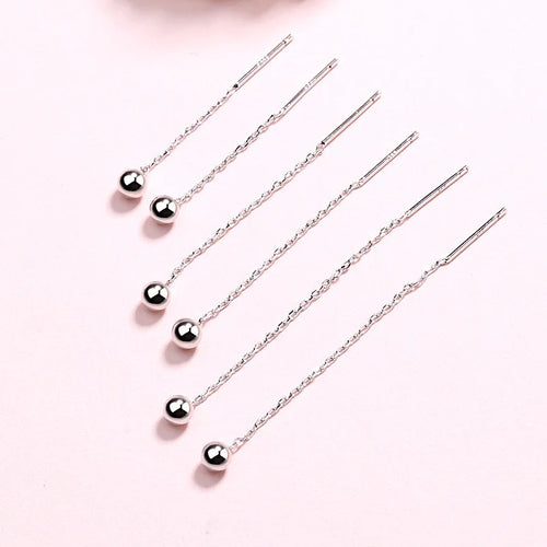925 Sterling Silver Round Bead Pendant Ear Line Chain Drop Dangle Earrings For Women Long Tassel Elegant Jewelry Gift