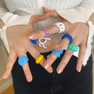 2024 Korea Colorful Fashion Resin Fruit Ring Set Metal Geometric Irregular Open Rings for Women Party Wedding Jewelry Ring Set