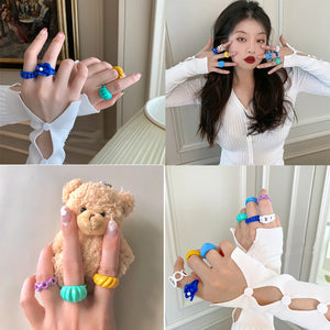 2024 Korea Colorful Fashion Resin Fruit Ring Set Metal Geometric Irregular Open Rings for Women Party Wedding Jewelry Ring Set