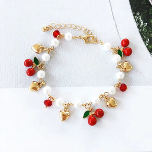 Fashion Jewelry Imitation Pearl Beads Chains Bracelet Golden Heart Love Red Cherry Fruit Charms Bracelets for Women Girls Gfits