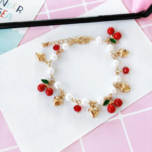 Fashion Jewelry Imitation Pearl Beads Chains Bracelet Golden Heart Love Red Cherry Fruit Charms Bracelets for Women Girls Gfits