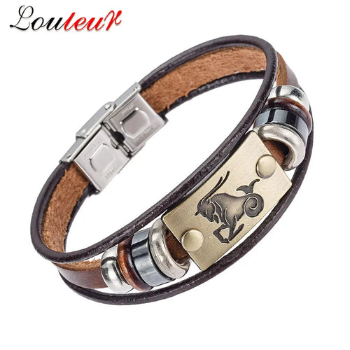Drop Shipping Hot Fashion 12 Zodiac Signs Bracelet for Men Women Stainless Steel Clasps Genuine Leather Bracelet Men Jewelry