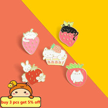 Sweet Strawberry Garden Enamel Pins Custom Cat Bunny Fruit Cake Brooches Shirt Lapel Pin Badge Bag Cartoon Jewelry Gift for Kids