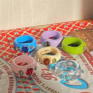 2024 New Korean Trendy Transparent Acrylic Colorful Rectangle Rhinestone Simple Rings For Women Girls Jewelry New Year Gift