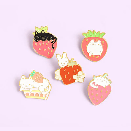 Sweet Strawberry Garden Enamel Pins Custom Cat Bunny Fruit Cake Brooches Shirt Lapel Pin Badge Bag Cartoon Jewelry Gift for Kids