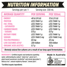 Remedy Organic Kombucha - Raspberry Lemonade 12 x 330ml Bottles in a Carton