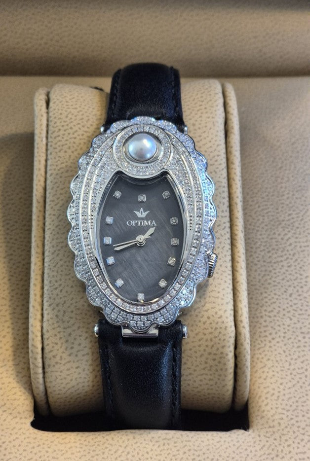 Optima Watch with Black leather wristband, quartz operated, genuine natural diamonds, natural sea pearl and pearl dial plate