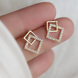 Korean Geometric Double Layers Rhombus Earrings for Women Gold Color Crystal Temperament Earring 2024 Fashion Jewelry Gift