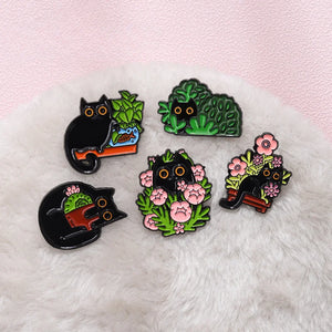 Flowers Plant Cat Enamel Pins Cat's Garden Fish Tank Brooches Lapel Metal Backpack Badges Fun Animal Jewelry Gift For Kids