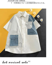 Men Short Sleeve Shirt Trendy Loose Casual Summer Thin Ice Silk Color Block Work Shirt