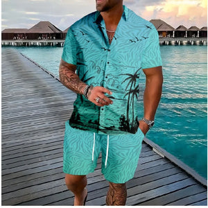 Hawaiian Palm Tree Button Shirts +Shorts Tracksuits Summer Beach 2PCS Sets Cool Hipster Streetwear Casual Men Clothing