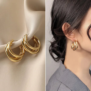 Three-ring Hoop Earrings For Women Modern Gold Color Circle Earring 2024 Trending Korean Fashion Jewelry boucle oreille femme