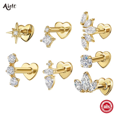 Aide 925 Sterling Silver Heart Flat Push-Back Zircon Pendiente Piercing Stud Earrings For Women K Gold Simple Elegant Jewelry