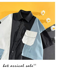Men Short Sleeve Shirt Trendy Loose Casual Summer Thin Ice Silk Color Block Work Shirt