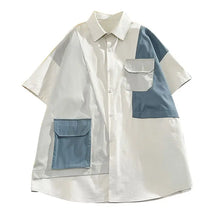 Men Short Sleeve Shirt Trendy Loose Casual Summer Thin Ice Silk Color Block Work Shirt