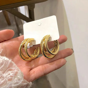 Three-ring Hoop Earrings For Women Modern Gold Color Circle Earring 2024 Trending Korean Fashion Jewelry boucle oreille femme