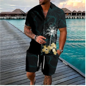 Hawaiian Palm Tree Button Shirts +Shorts Tracksuits Summer Beach 2PCS Sets Cool Hipster Streetwear Casual Men Clothing