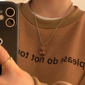 Cute Plush Bear Pendant Necklace for Girls Women Korean Fashion Bear Long Sweater Neck Chain Necklaces Collar Jewelry