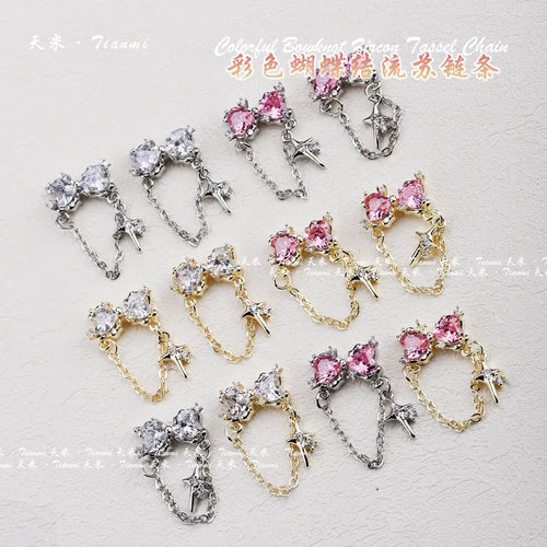 2Pcs Bowtie Pendant Design Nail Charms Zircon Metal Chain Designer Charms Jewelry For Korean Nail Art Accessories 2023 New