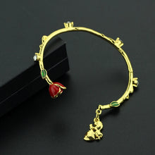 Fashion Anime Beauty and the Beast Bracelet Cute Cartoon Golden Link Red Flower Accessories Bangle for Women's Hand Decoration