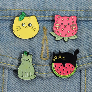 Fruit Collection Enamel Pins Custom Strawberry Lemon Kiwi Fruit Watermelon Brooches Lapel Badges Funny Cat Jewelry Gifts For Kid