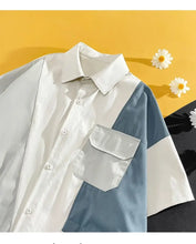 Men Short Sleeve Shirt Trendy Loose Casual Summer Thin Ice Silk Color Block Work Shirt