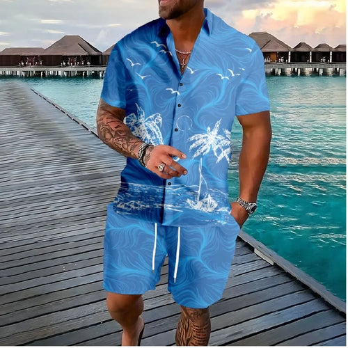 Hawaiian Palm Tree Button Shirts +Shorts Tracksuits Summer Beach 2PCS Sets Cool Hipster Streetwear Casual Men Clothing