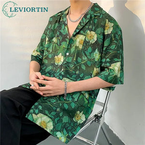 High Street Male Hawaiian Shirt Flower Full Print Shirt Summer Casual Cardigan Short Sleeve Blouse Tops For Men