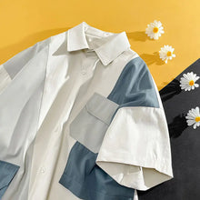 Men Short Sleeve Shirt Trendy Loose Casual Summer Thin Ice Silk Color Block Work Shirt