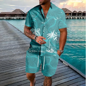 Hawaiian Palm Tree Button Shirts +Shorts Tracksuits Summer Beach 2PCS Sets Cool Hipster Streetwear Casual Men Clothing