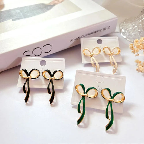 Japan Korea Multicolour Enamel Big Bow Bowknot Ear Stud Glossy Simple Dangling Tie Knot Shape Drop Earrings Wedding Jewelry 2024