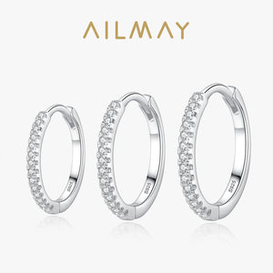 Ailmay 100% 925 Sterling Silver Clear Zircon Simple Fashion Hoop Earrings For Women Girls Anti-allergy Fine Jewelry Gifts