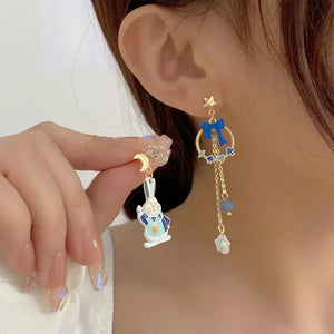 Cartoon Sweet Blue Bow Long Tassel Moon Star Earrings Cute Asymmetric Blue Alice In Wonderland Little Rabbit Dangle Earrings