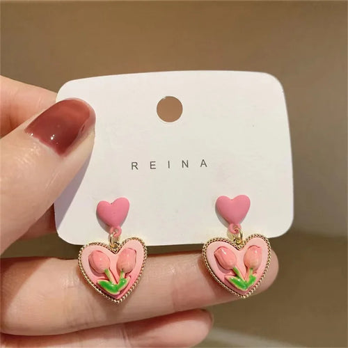 Pink Tulip Flower Heart Earrings Exquisite Vintage Spring Dangle Earrings for Women Korean Ear Ring Aesthetic Jewelry bijoux