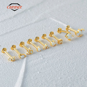 CANNER Minimalist Gold Color 925 Sterling Silver Stud Earrings for Women Opal Piercing Cartilage Flat Back Earring Jewelry 2 pcs