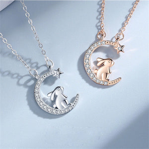 Korean-style Cute Rabbit Picking Stars Crystal Pendant Necklace Girl Jewelry Star-moon Clavicle Chain Exquisite Birthday Gifts