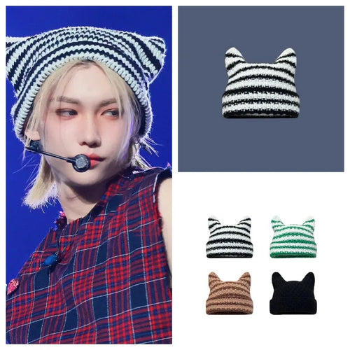 2023 Korean Wave Stray Kids Felix INS Black and White Stripe Knitted Cat Rabbit Ears Woolen Hat Fashion Trend Accessories Hat