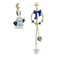 Cartoon Sweet Blue Bow Long Tassel Moon Star Earrings Cute Asymmetric Blue Alice In Wonderland Little Rabbit Dangle Earrings