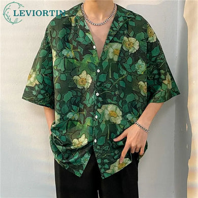 High Street Male Hawaiian Shirt Flower Full Print Shirt Summer Casual Cardigan Short Sleeve Blouse Tops For Men