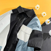 Men Short Sleeve Shirt Trendy Loose Casual Summer Thin Ice Silk Color Block Work Shirt
