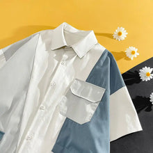 Men Short Sleeve Shirt Trendy Loose Casual Summer Thin Ice Silk Color Block Work Shirt