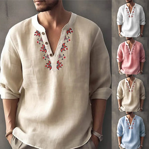 Men Blouse Vintage Bohemian Printed Long Sleeve Casual Button-Down Shirt Blouse Loose Henley V-Neck Beach Tops Hawaiian T Shirts