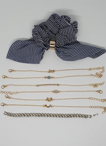 Set of Navy lines Scrunchie,Cubic Zirconia Bracelet & 6 piece set Bracelet