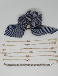 Set of Navy lines Scrunchie,Cubic Zirconia Bracelet & 6 piece set Bracelet